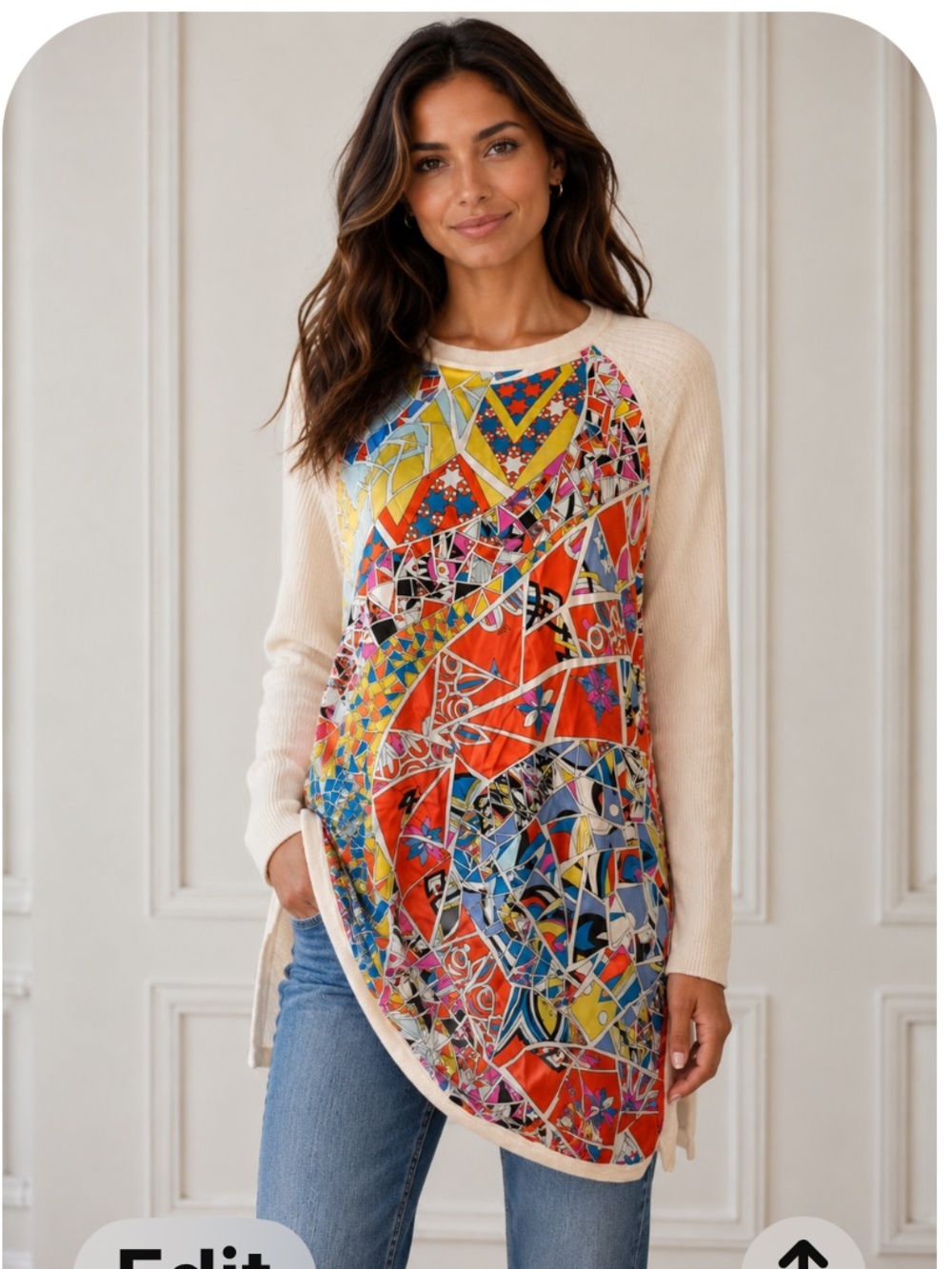 Emilio Pucci Cream Wool Sweater with Colorful Silk Front Size XS